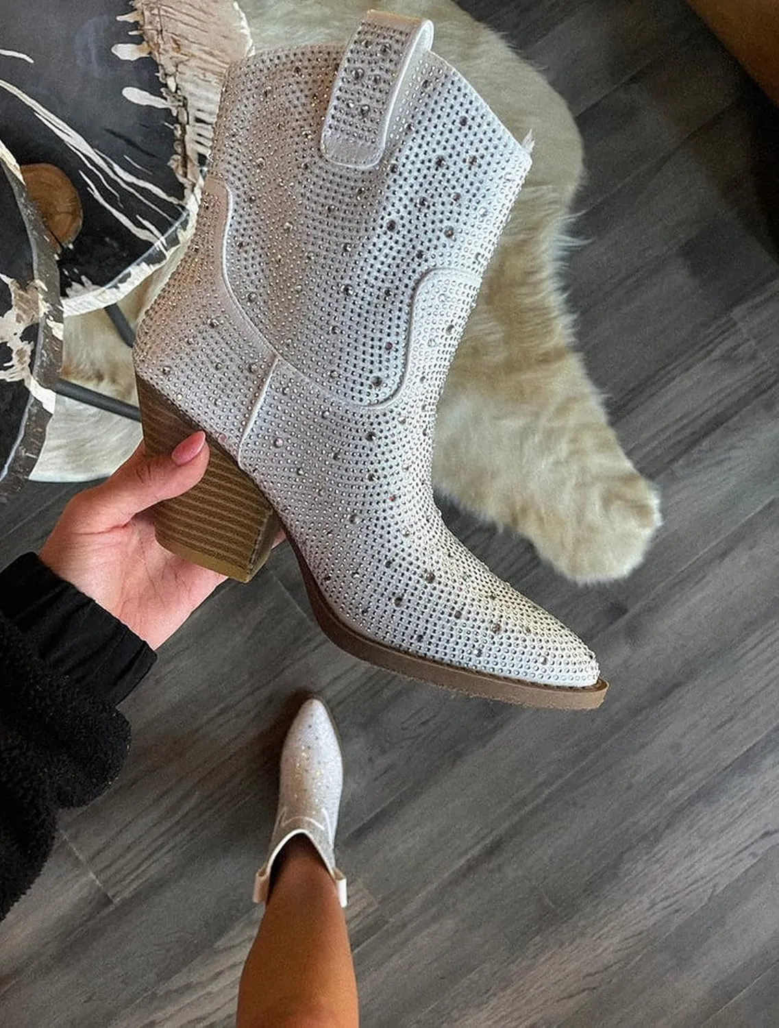 Women's Rhinestone Block Heel Mid Calf Short Ankle Booties Knee High Boots