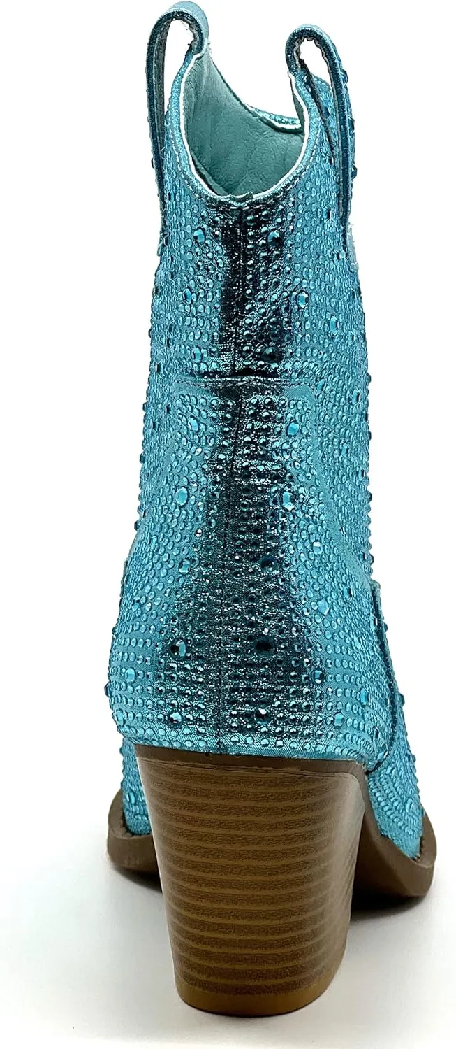 Women's Rhinestone Block Heel Mid Calf Short Ankle Booties Knee High Boots