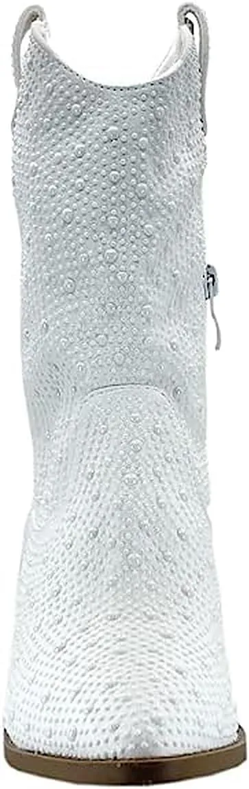 Women's Rhinestone Block Heel Mid Calf Short Ankle Booties Knee High Boots