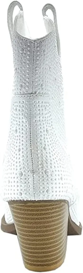 Women's Rhinestone Block Heel Mid Calf Short Ankle Booties Knee High Boots