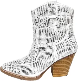 Women's Rhinestone Block Heel Mid Calf Short Ankle Booties Knee High Boots