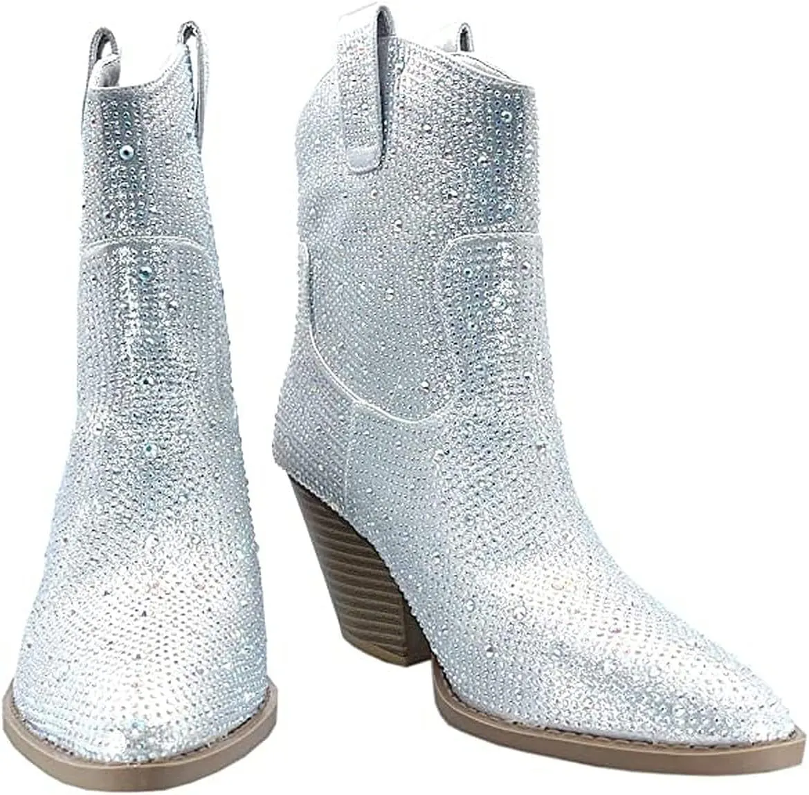 Women's Rhinestone Block Heel Mid Calf Short Ankle Booties Knee High Boots