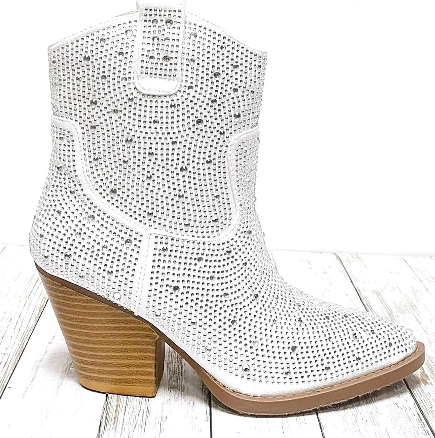 Women's Rhinestone Block Heel Mid Calf Short Ankle Booties Knee High Boots