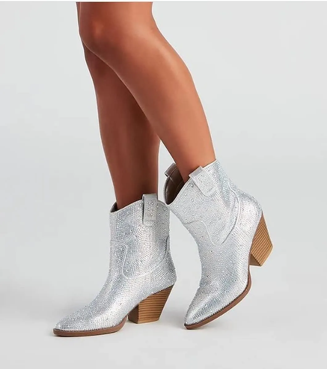 Women's Rhinestone Block Heel Mid Calf Short Ankle Booties Knee High Boots