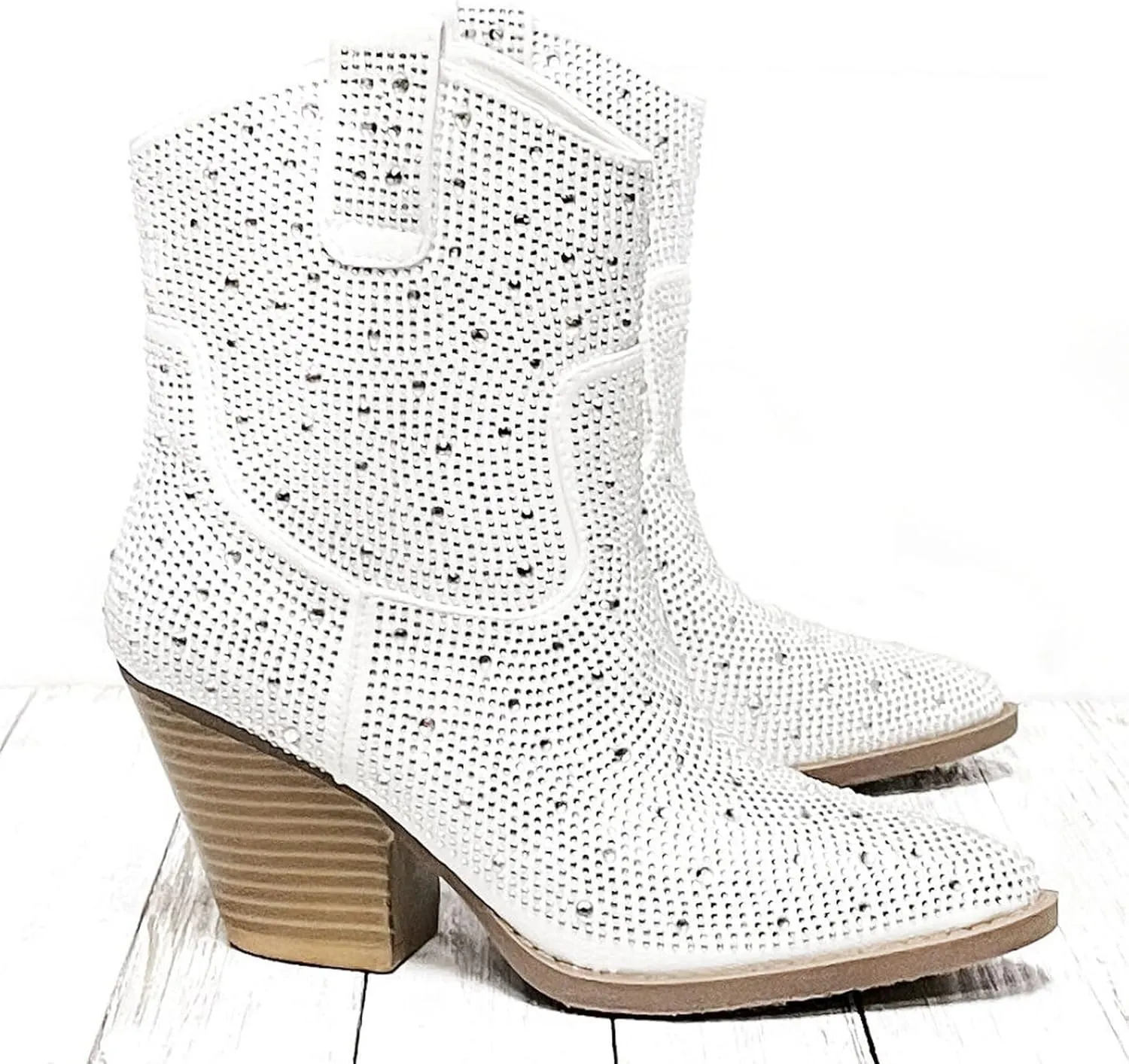 Women's Rhinestone Block Heel Mid Calf Short Ankle Booties Knee High Boots