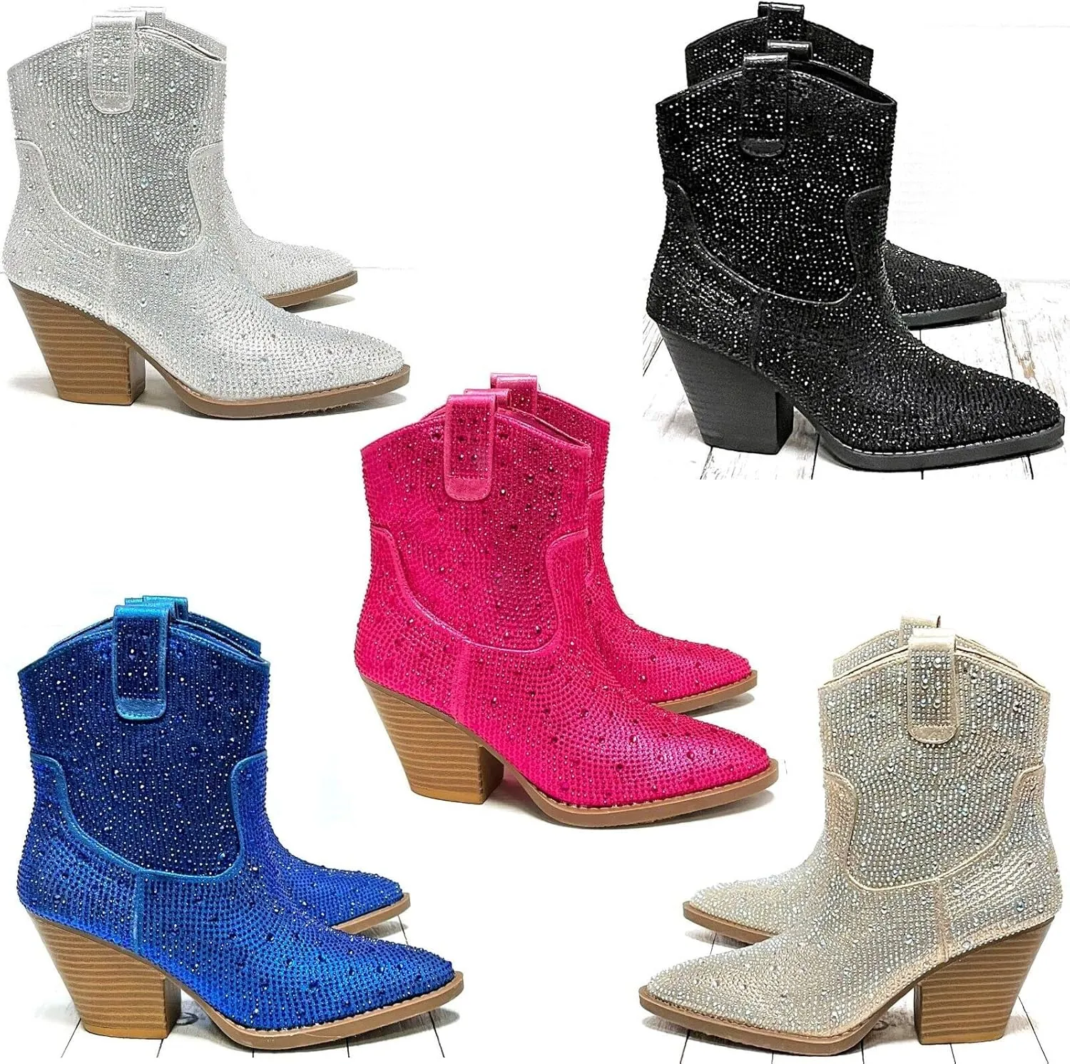 Women's Rhinestone Block Heel Mid Calf Short Ankle Booties Knee High Boots