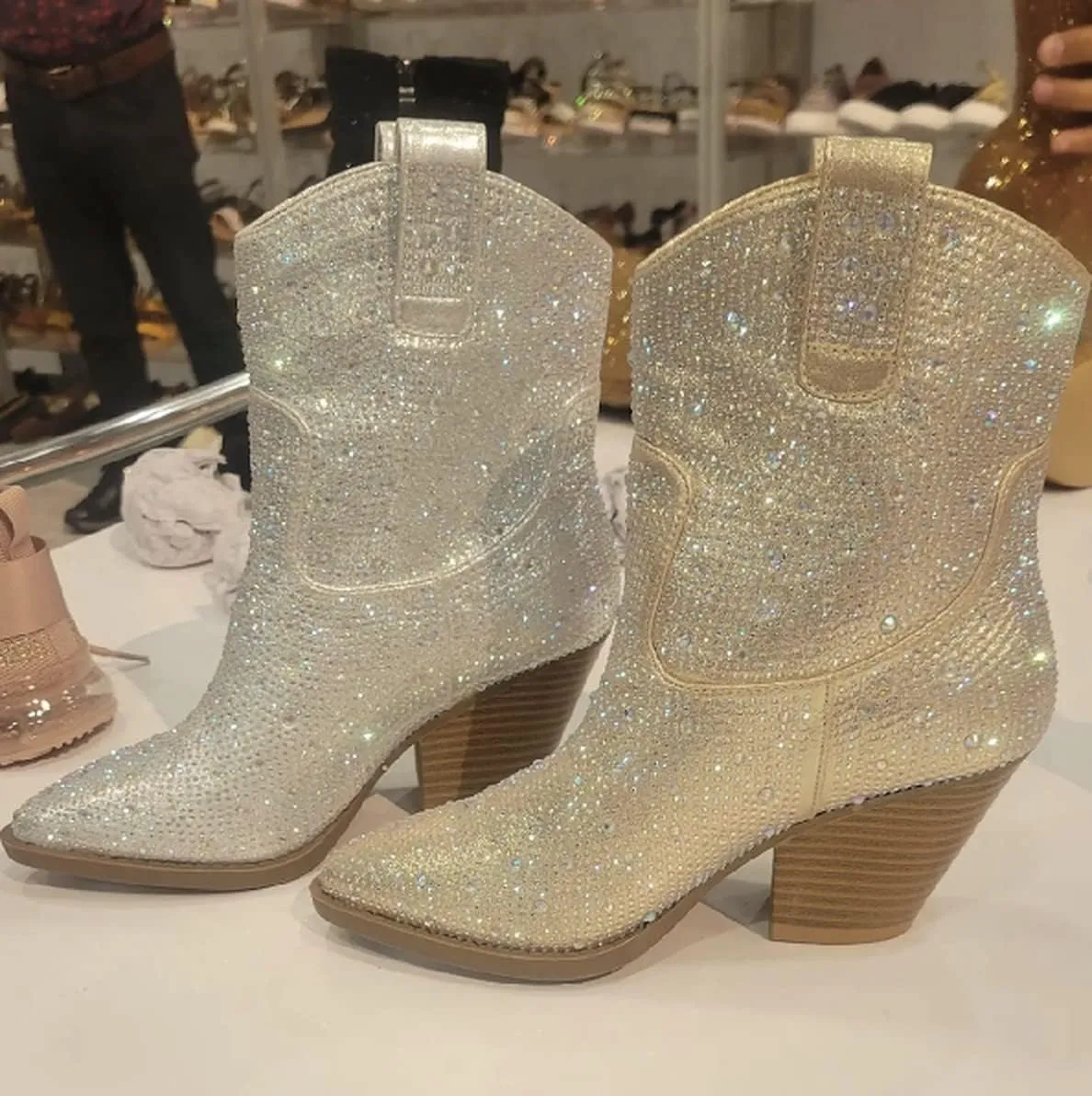 Women's Rhinestone Block Heel Mid Calf Short Ankle Booties Knee High Boots