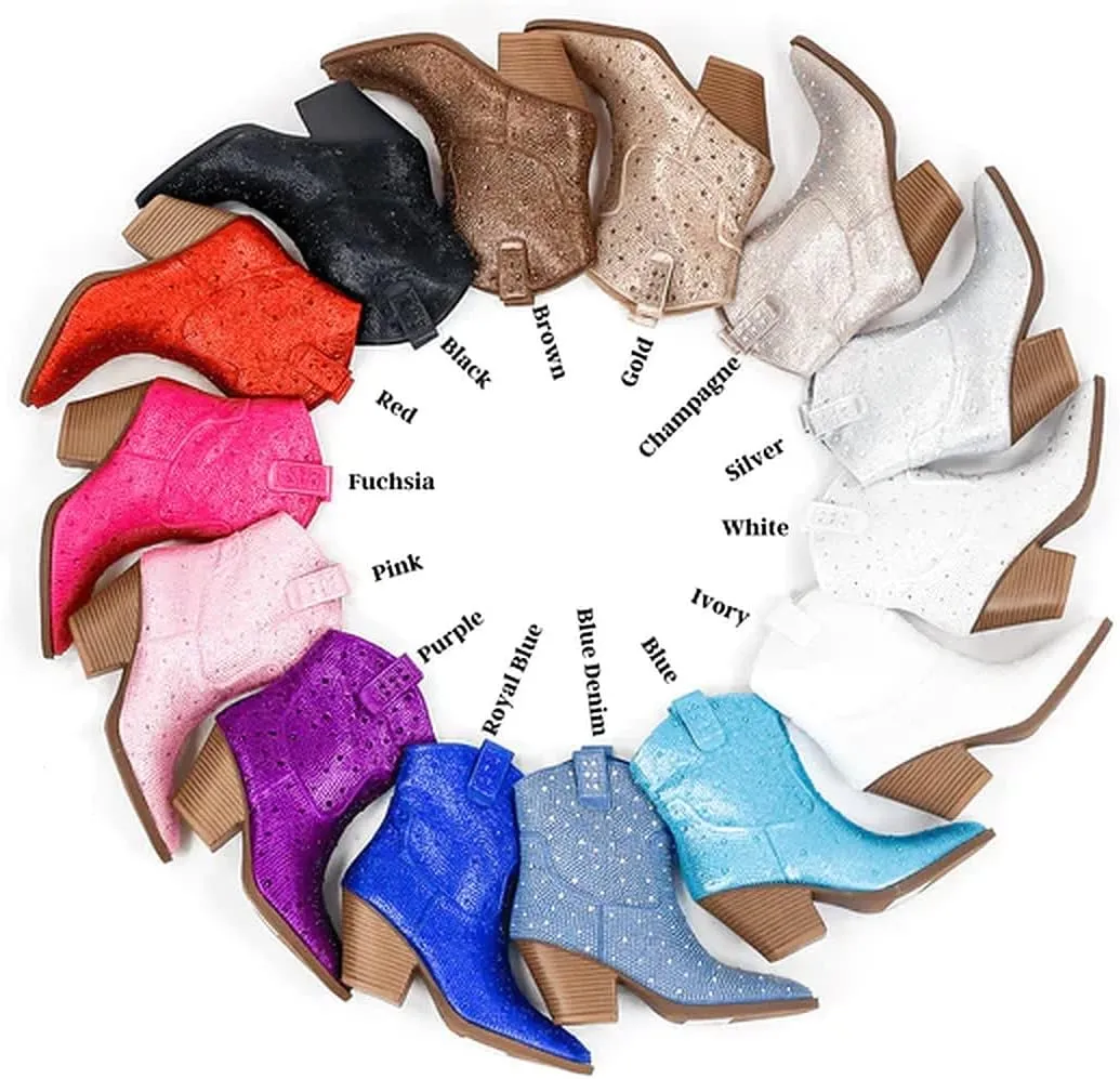 Women's Rhinestone Block Heel Mid Calf Short Ankle Booties Knee High Boots