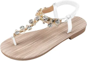 Women's Rhinestone Flat Sandals, 2025 Summer Open Toe Fashion Casual Dress Hollow Out T-Strap Thong Flat Sandals Summers Dress Elastic T Strap Flip Flops Beach Boho Lightweight Walking Shoes
