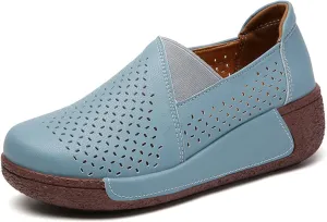 Women's Round Toe Platform Wedge Slip On Loafers, Comfortable Genuine Leather Moccasin Low Top Casual Cutout Loafers.