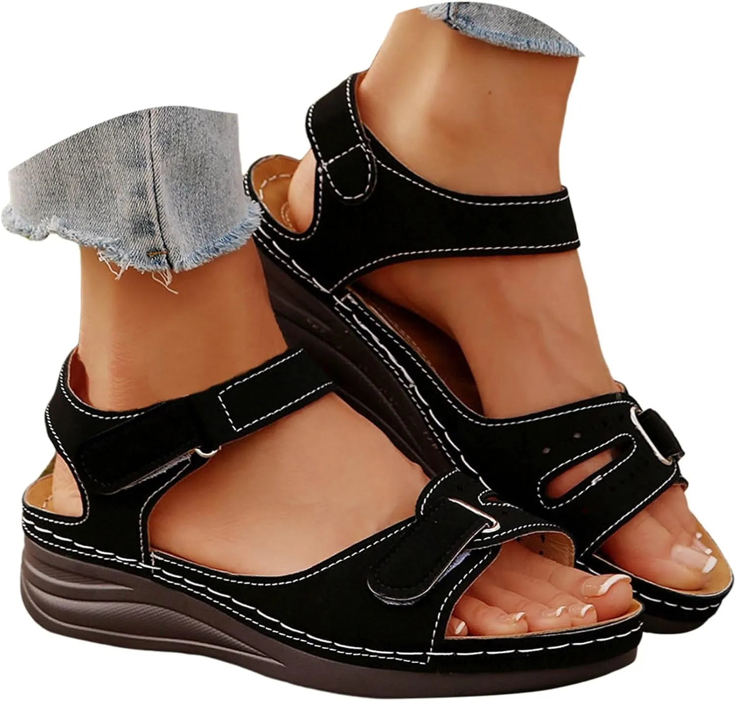 Womens Sandals Wedge Slip On Womens Sandals Dressy Comfortable Summer Elastic Ankle Strap Walking Beach Flat Shoes