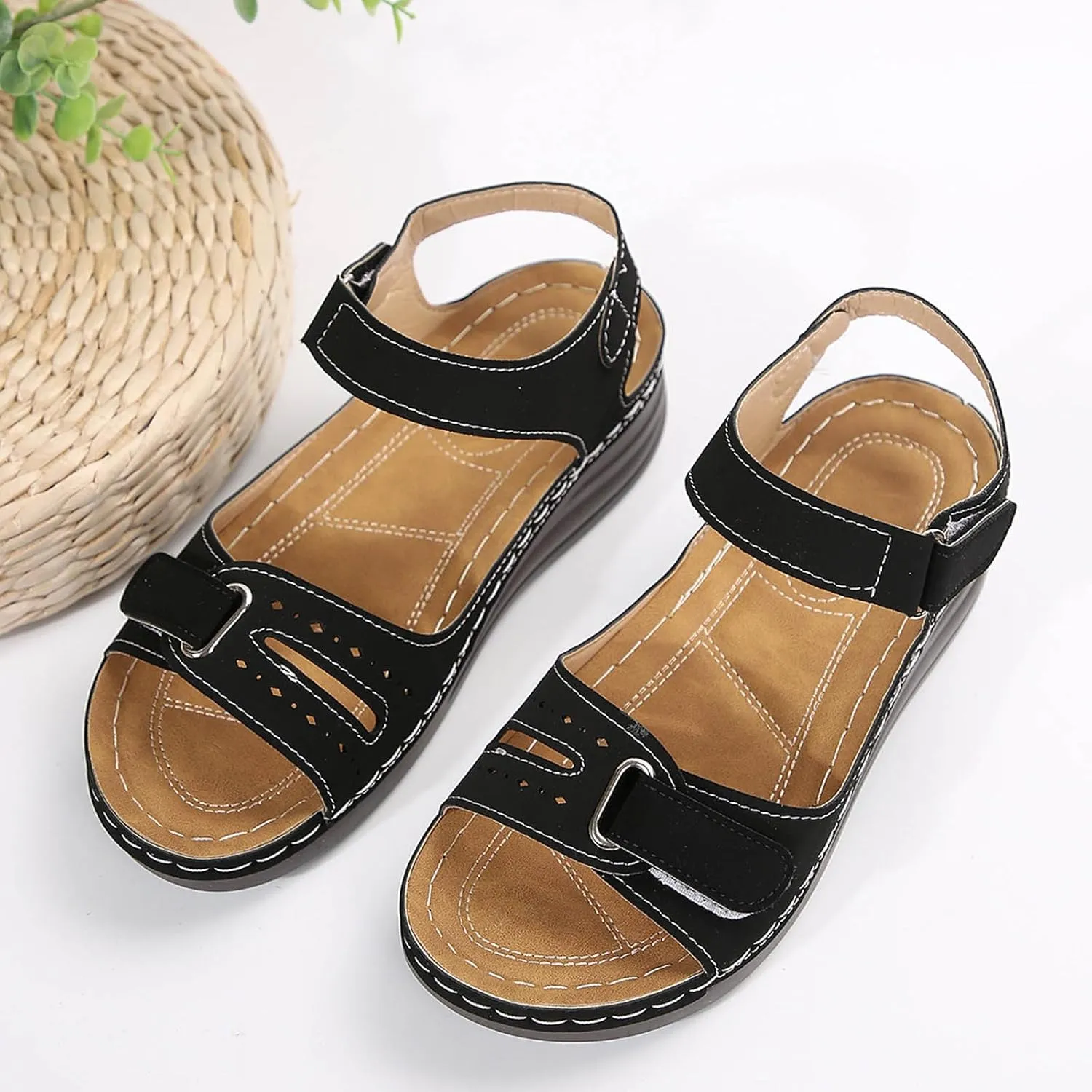 Womens Sandals Wedge Slip On Womens Sandals Dressy Comfortable Summer Elastic Ankle Strap Walking Beach Flat Shoes