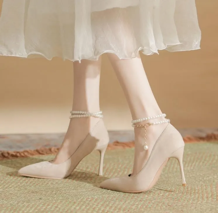Women's Satin Closed Pointd Toe Pumps Shoes Slip On Buckle Pumps Wedding Bridal Party Dress Shoes Dress Bridal Wedding Comfortable 2.7 Inch Sandals