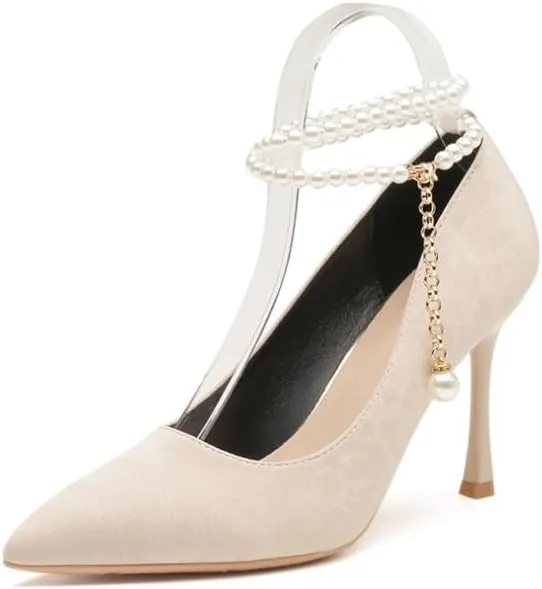 Women's Satin Closed Pointd Toe Pumps Shoes Slip On Buckle Pumps Wedding Bridal Party Dress Shoes Dress Bridal Wedding Comfortable 2.7 Inch Sandals