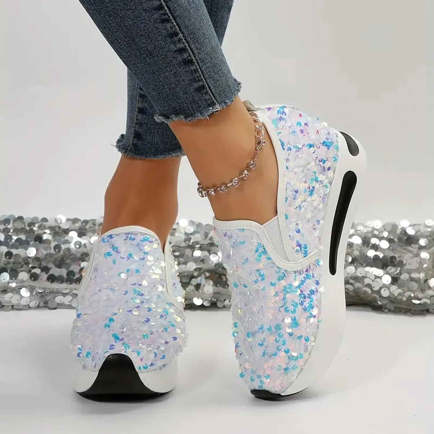 Women's Sequins Platform Sneakers Casual Low Top Slip On Wedge Sports Shoes Fashion Walking Casual Lace up Shoes