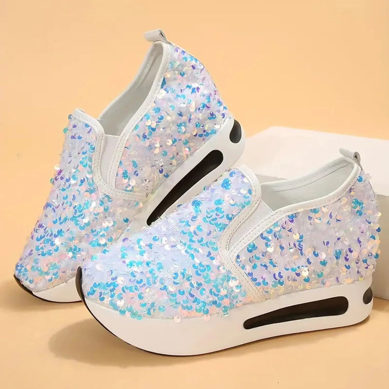Women's Sequins Platform Sneakers Casual Low Top Slip On Wedge Sports Shoes Fashion Walking Casual Lace up Shoes
