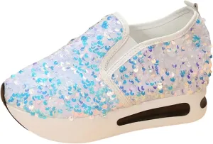 Women's Sequins Platform Sneakers Casual Low Top Slip On Wedge Sports Shoes Fashion Walking Casual Lace up Shoes
