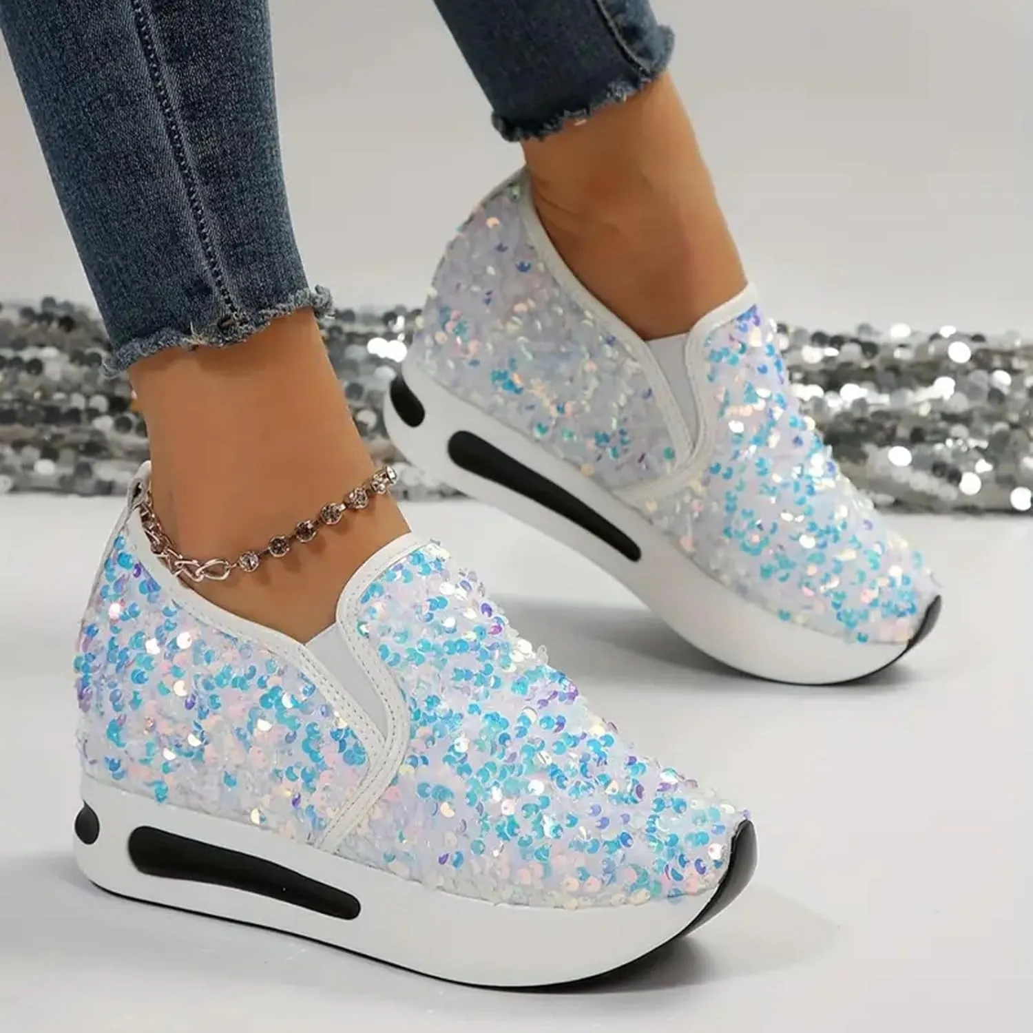 Women's Sequins Platform Sneakers Casual Low Top Slip On Wedge Sports Shoes Fashion Walking Casual Lace up Shoes