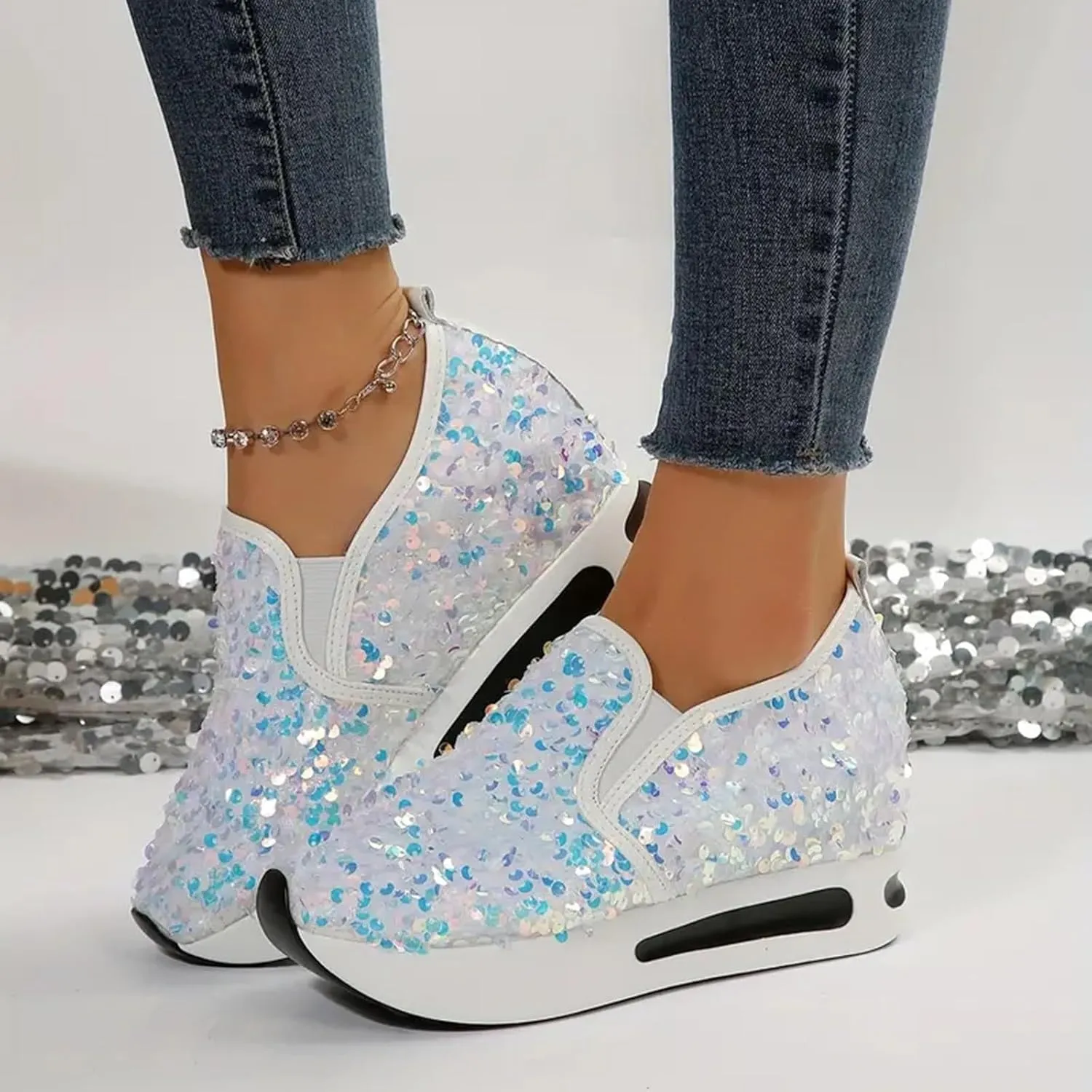 Women's Sequins Platform Sneakers Casual Low Top Slip On Wedge Sports Shoes Fashion Walking Casual Lace up Shoes