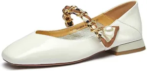 Womens Shoes Ballet Shoes Women Shoes Genuine Cow Leather Square Toe Pearl Chain Slip-On Elegant Female Loafers