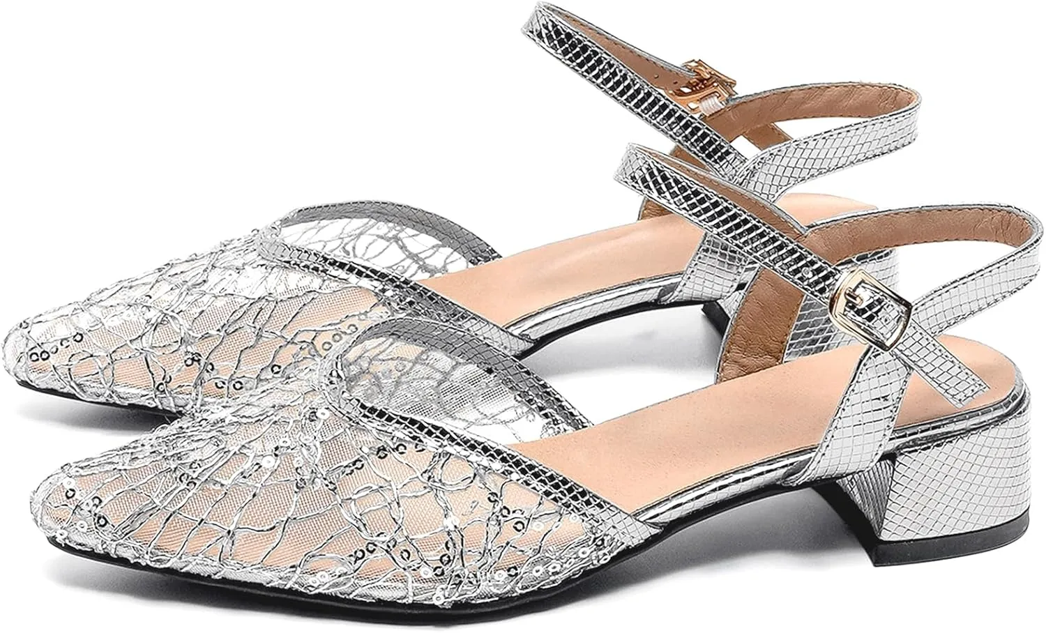Women's Silver Flats Mesh Sandals Ankle Strap Low Chunky Heel Glitter Pointed Toe Casual Wedding Shoes Party