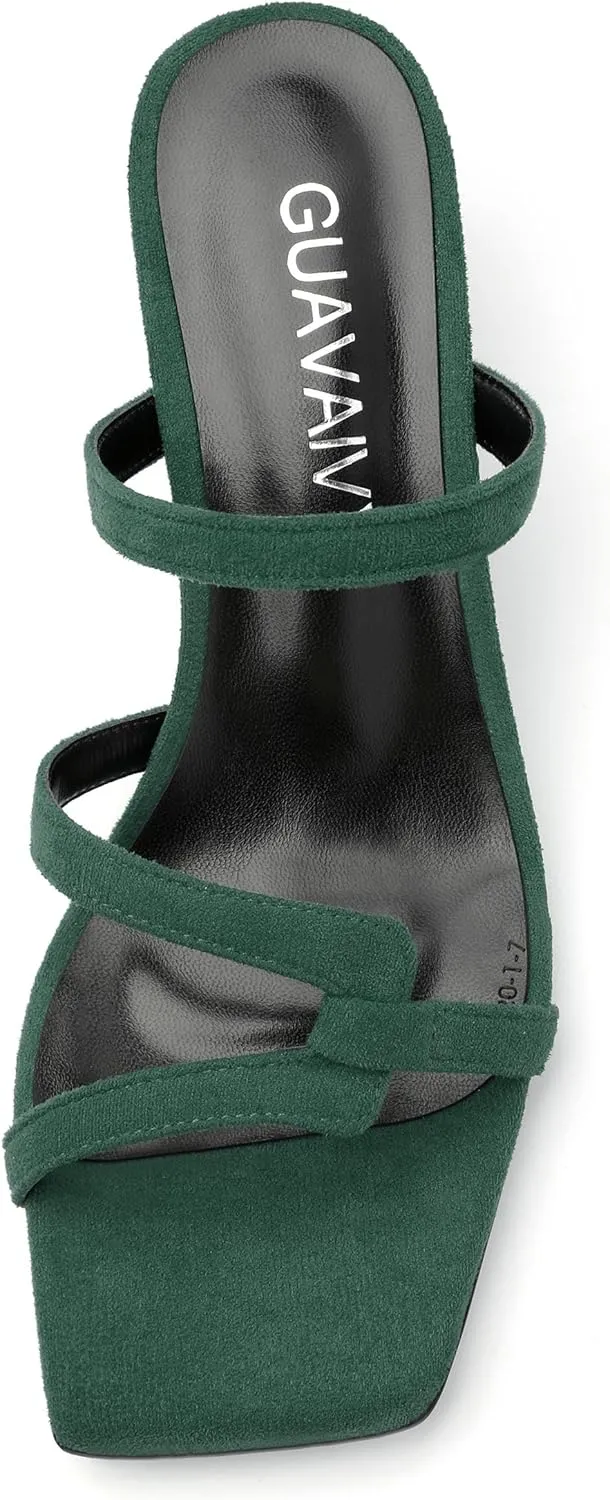 Womens Slide Sandals, Square Open Toe Low Heels Sandals, Fashion Solid Faux Suede Heeled Sandals for Women