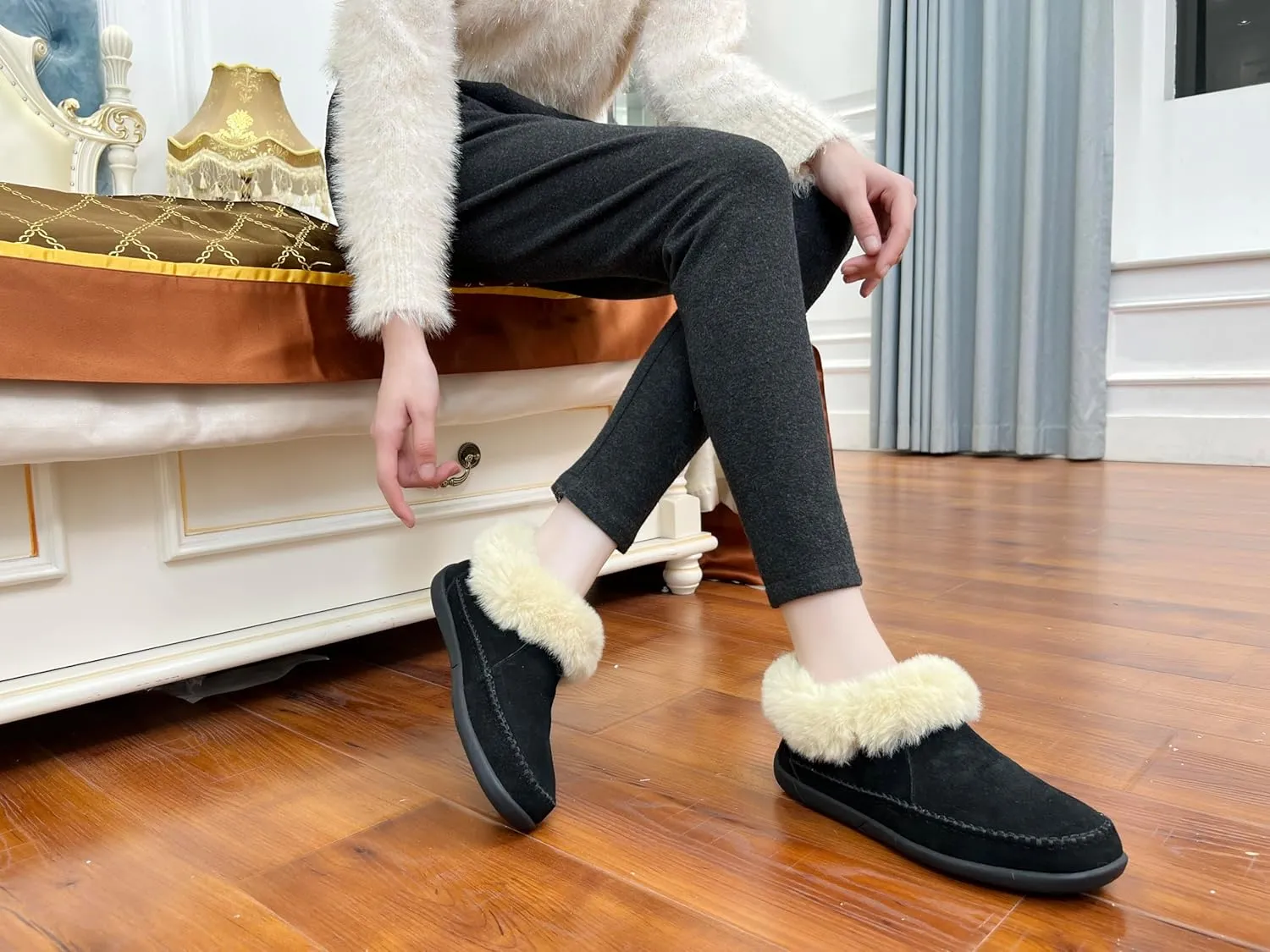 Women's Slippers Genuine Suede Memory Foam Winter House Fluffy Slippers with Faux Fur Collar and Sheepskin Insole Indoor and Outdoor Warm Shoes Rubber Sole