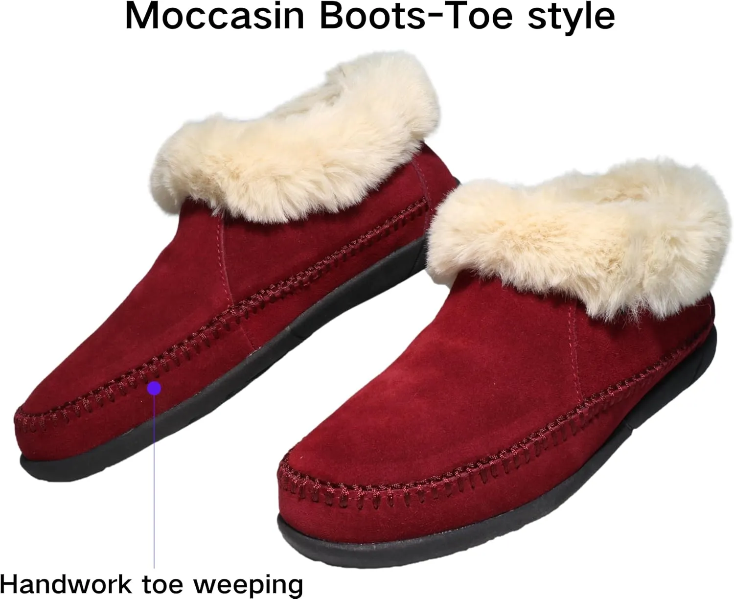 Women's Slippers Genuine Suede Memory Foam Winter House Fluffy Slippers with Faux Fur Collar and Sheepskin Insole Indoor and Outdoor Warm Shoes Rubber Sole