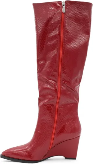 Womens Snakeskin Knee High Wedge Boots with Pointed Toe and Side Zipper, Faux Leather Glossy Finish, Winter Boots for Women, Knee High Boots for Women, Snakeskin Boots for Women
