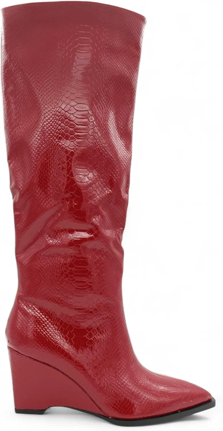 Womens Snakeskin Knee High Wedge Boots with Pointed Toe and Side Zipper, Faux Leather Glossy Finish, Winter Boots for Women, Knee High Boots for Women, Snakeskin Boots for Women