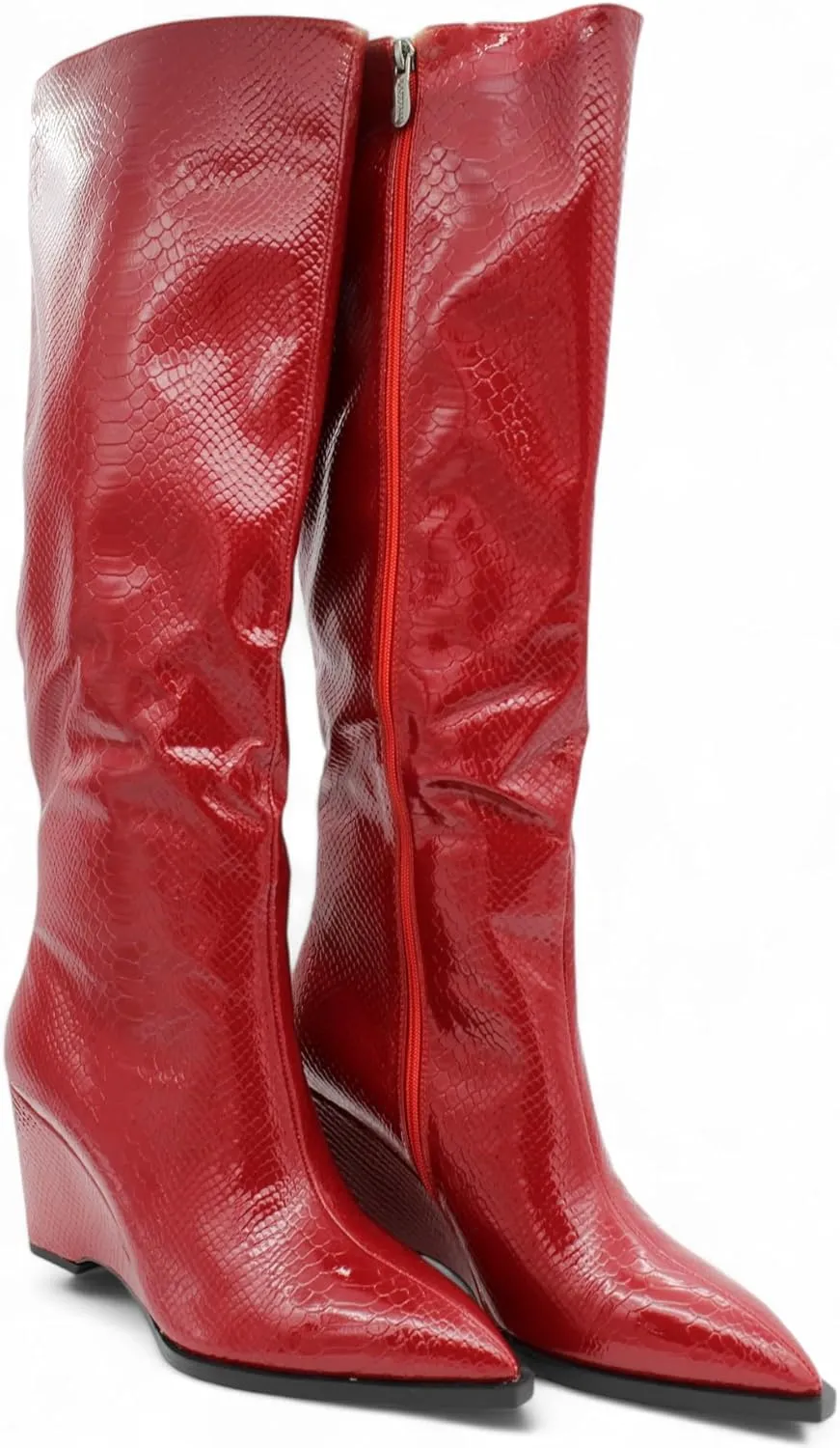 Womens Snakeskin Knee High Wedge Boots with Pointed Toe and Side Zipper, Faux Leather Glossy Finish, Winter Boots for Women, Knee High Boots for Women, Snakeskin Boots for Women