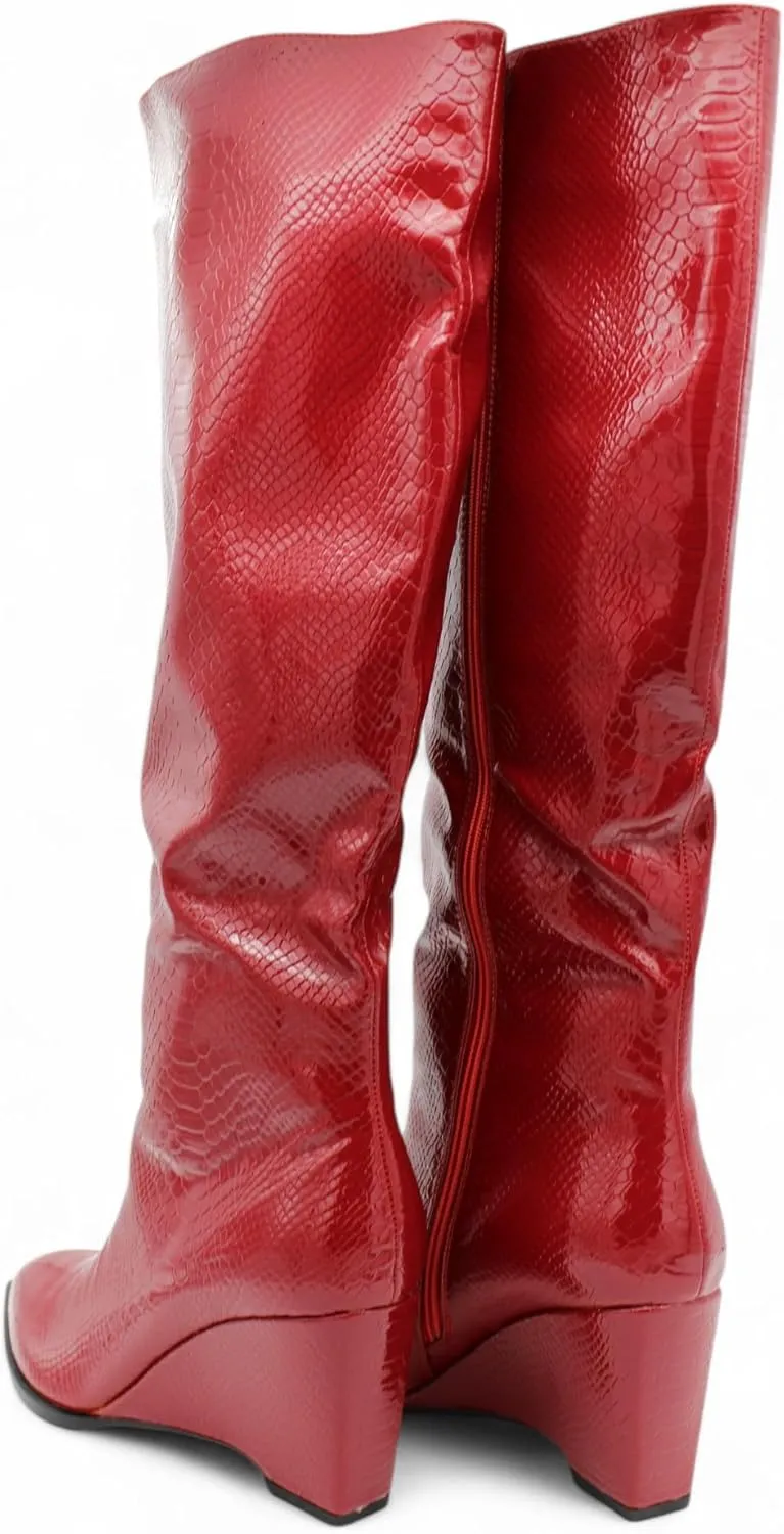Womens Snakeskin Knee High Wedge Boots with Pointed Toe and Side Zipper, Faux Leather Glossy Finish, Winter Boots for Women, Knee High Boots for Women, Snakeskin Boots for Women