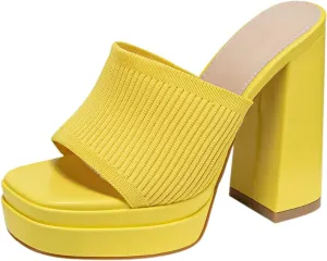 Women's Stretch Knitted Platform Chunky Heels Sexy Sandals Fashion Square Open Toe Block High Heeled Slip-On Y2K Slippers Summer Comfortable Slip On Party Dress Pump Mules Shoes