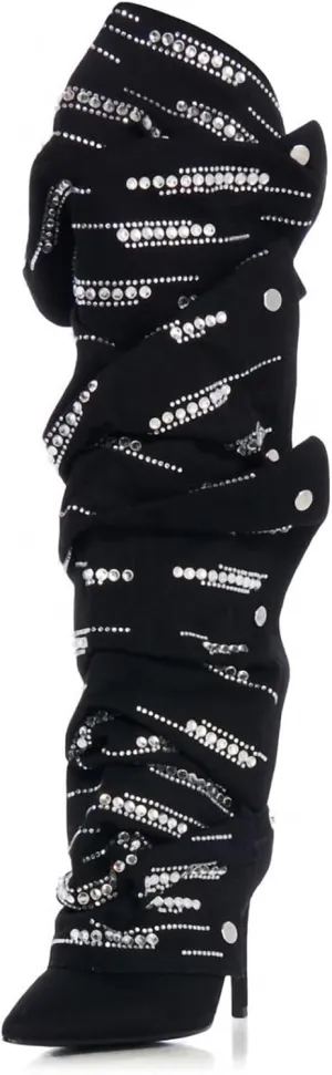 Women's suede Sparkly Rhinestone Stiletto Knee High Pointed Toe Zipper High Heel Shark Boots