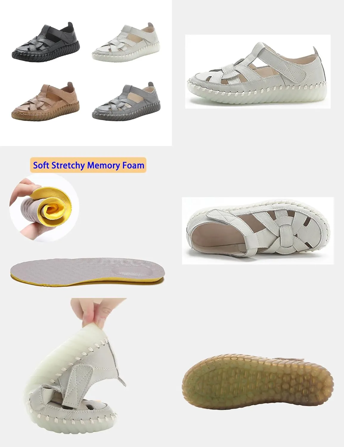 Women's Summer Casual Boho Gladiator Leather Sandals,Comfort Handmade Woven Closed Toe Adjustable Hook Loop Beach Shoes