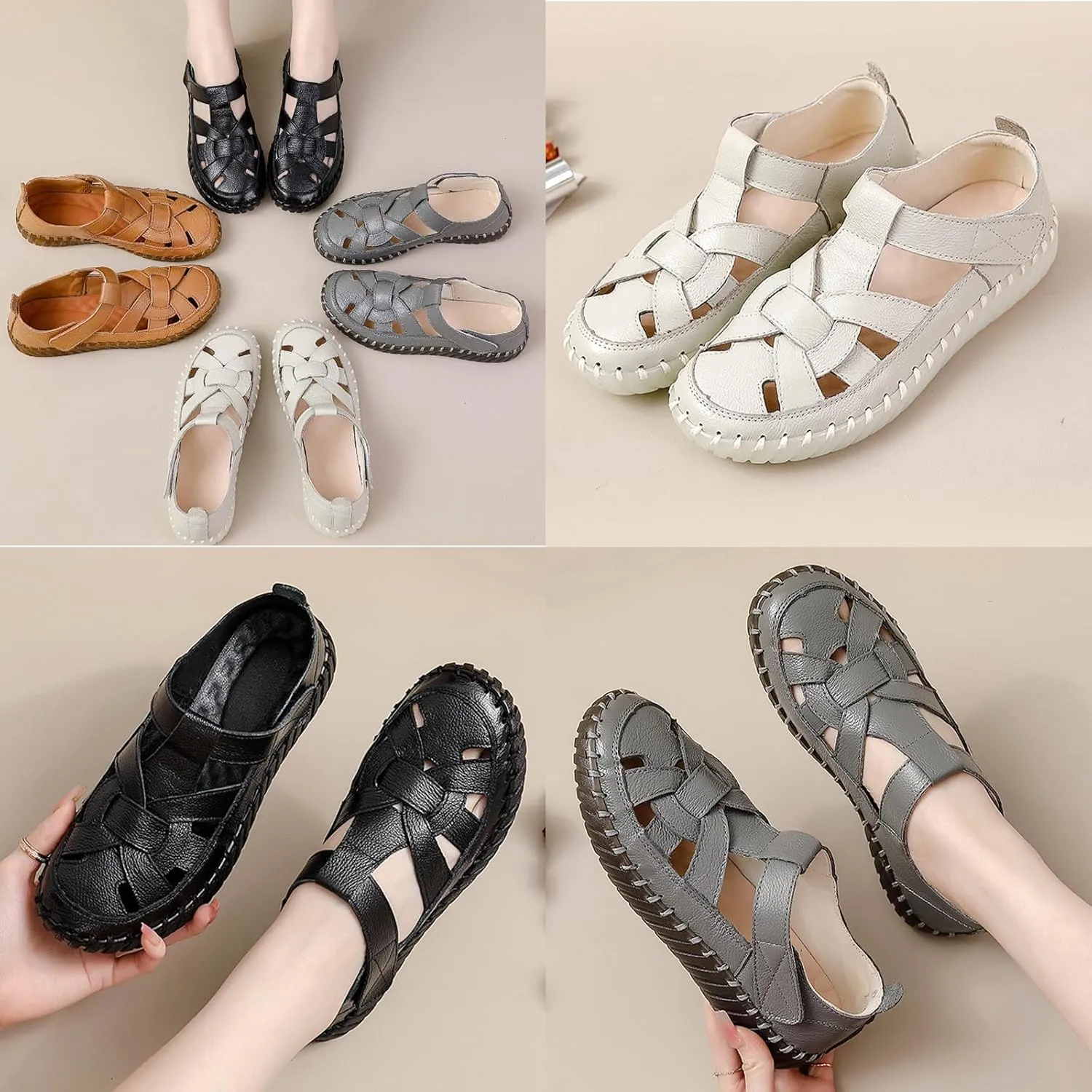 Women's Summer Casual Boho Gladiator Leather Sandals,Comfort Handmade Woven Closed Toe Adjustable Hook Loop Beach Shoes