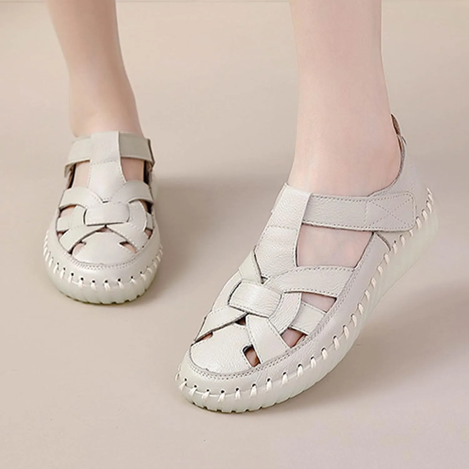 Women's Summer Casual Boho Gladiator Leather Sandals,Comfort Handmade Woven Closed Toe Adjustable Hook Loop Beach Shoes
