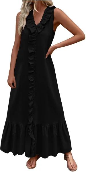 Women's Summer Sleeveless V-Neck Maxi Dress A-Line Flowy Beach with Ruffle Trim Wrap Style Long Dress
