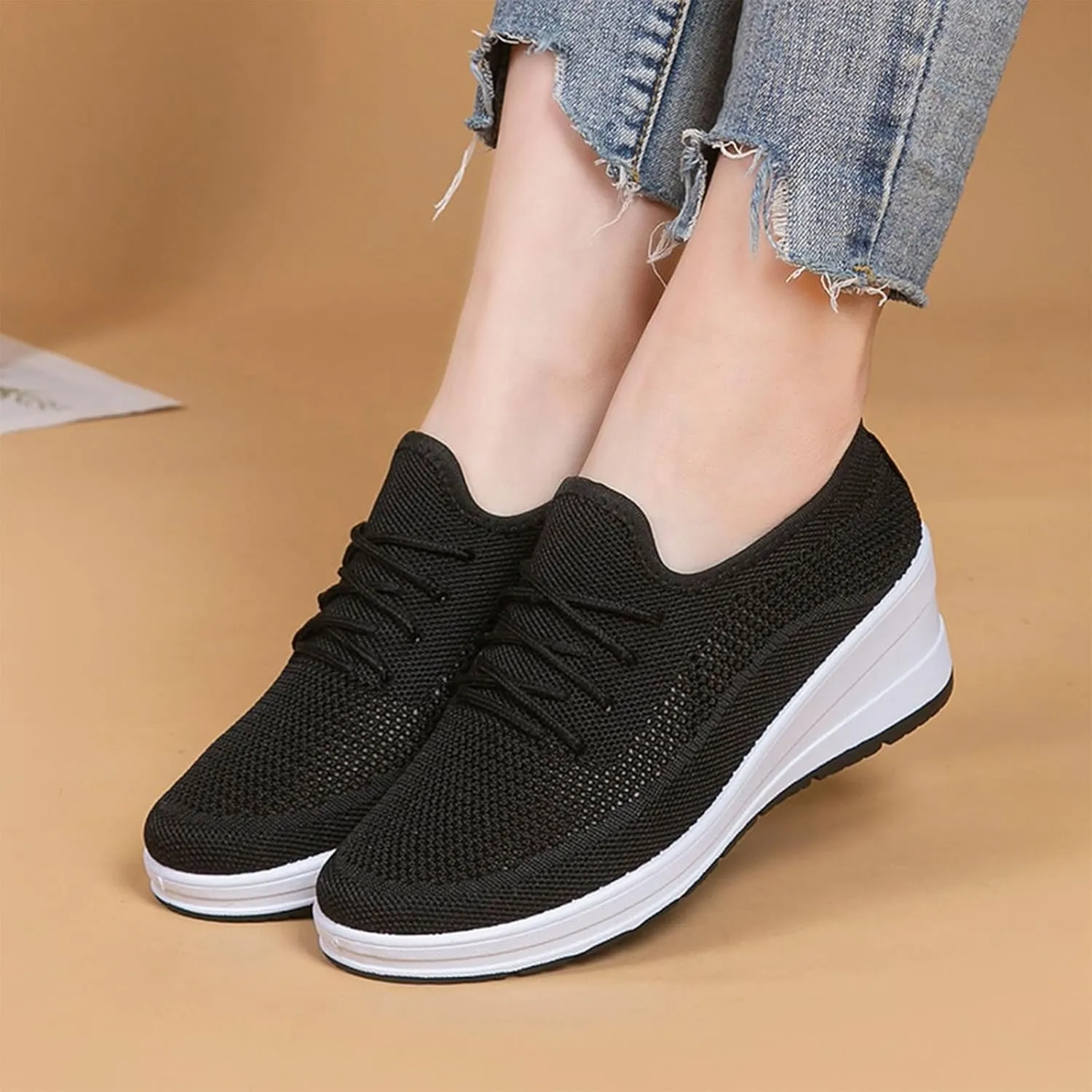 Womens Ultra-Light Stretchy Mesh Wedge Orthopedic Sneakers Comfor Lace Up Non Slip Hollow Out Increase Height Casual Walking Shoes for Outdoor Sport Travel Hiking