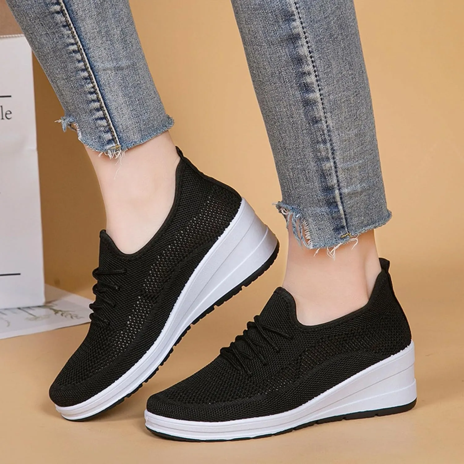 Womens Ultra-Light Stretchy Mesh Wedge Orthopedic Sneakers Comfor Lace Up Non Slip Hollow Out Increase Height Casual Walking Shoes for Outdoor Sport Travel Hiking