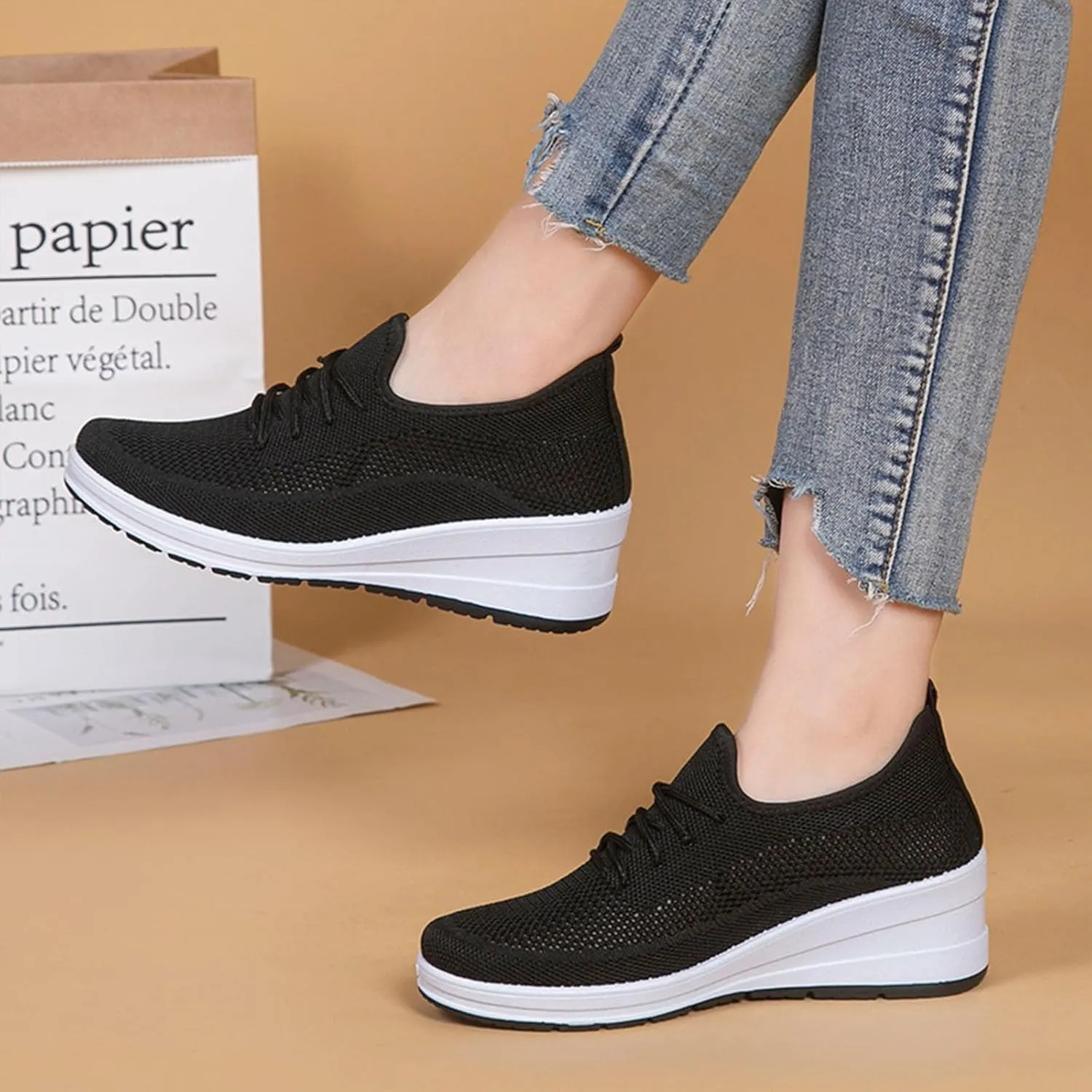 Womens Ultra-Light Stretchy Mesh Wedge Orthopedic Sneakers Comfor Lace Up Non Slip Hollow Out Increase Height Casual Walking Shoes for Outdoor Sport Travel Hiking