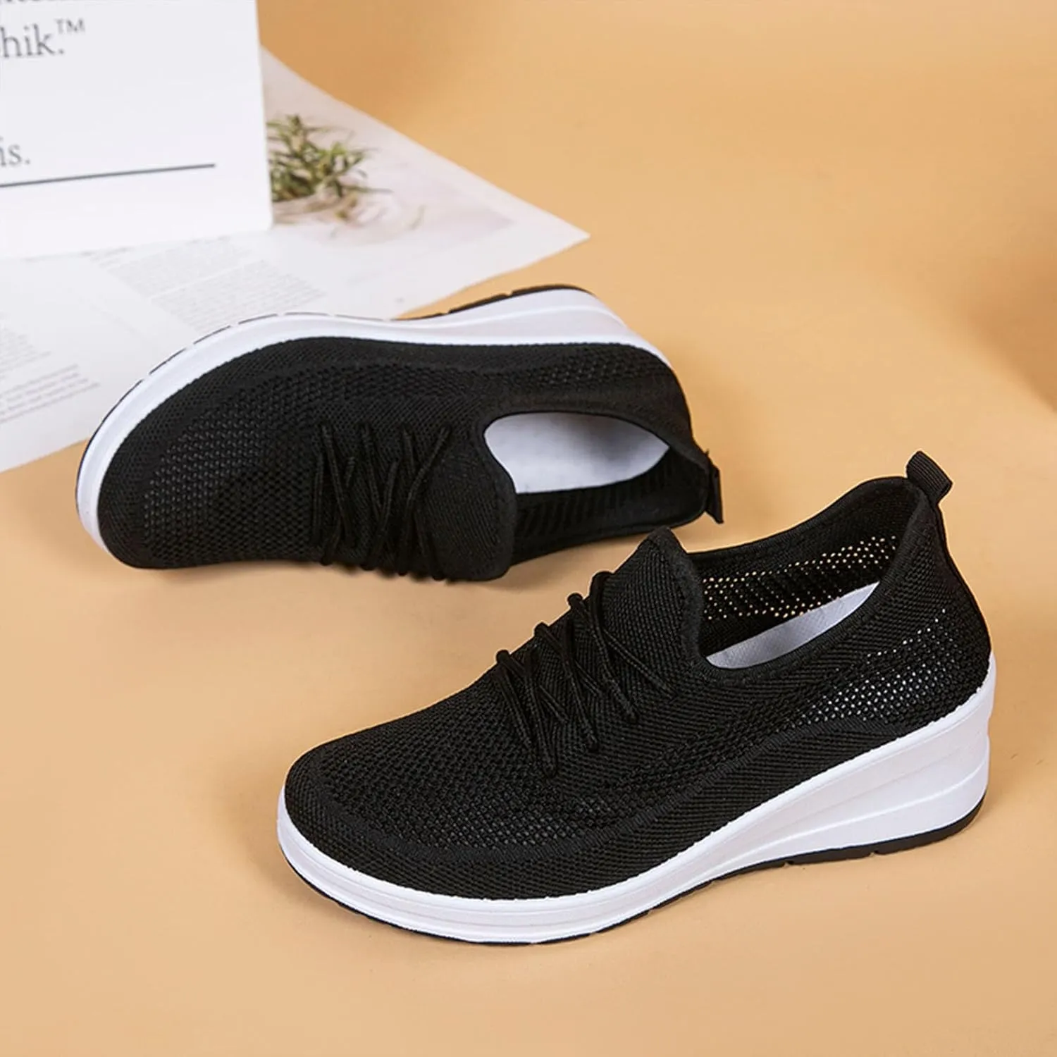 Womens Ultra-Light Stretchy Mesh Wedge Orthopedic Sneakers Comfor Lace Up Non Slip Hollow Out Increase Height Casual Walking Shoes for Outdoor Sport Travel Hiking