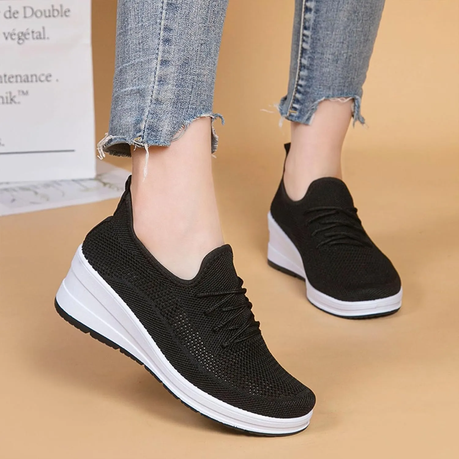 Womens Ultra-Light Stretchy Mesh Wedge Orthopedic Sneakers Comfor Lace Up Non Slip Hollow Out Increase Height Casual Walking Shoes for Outdoor Sport Travel Hiking