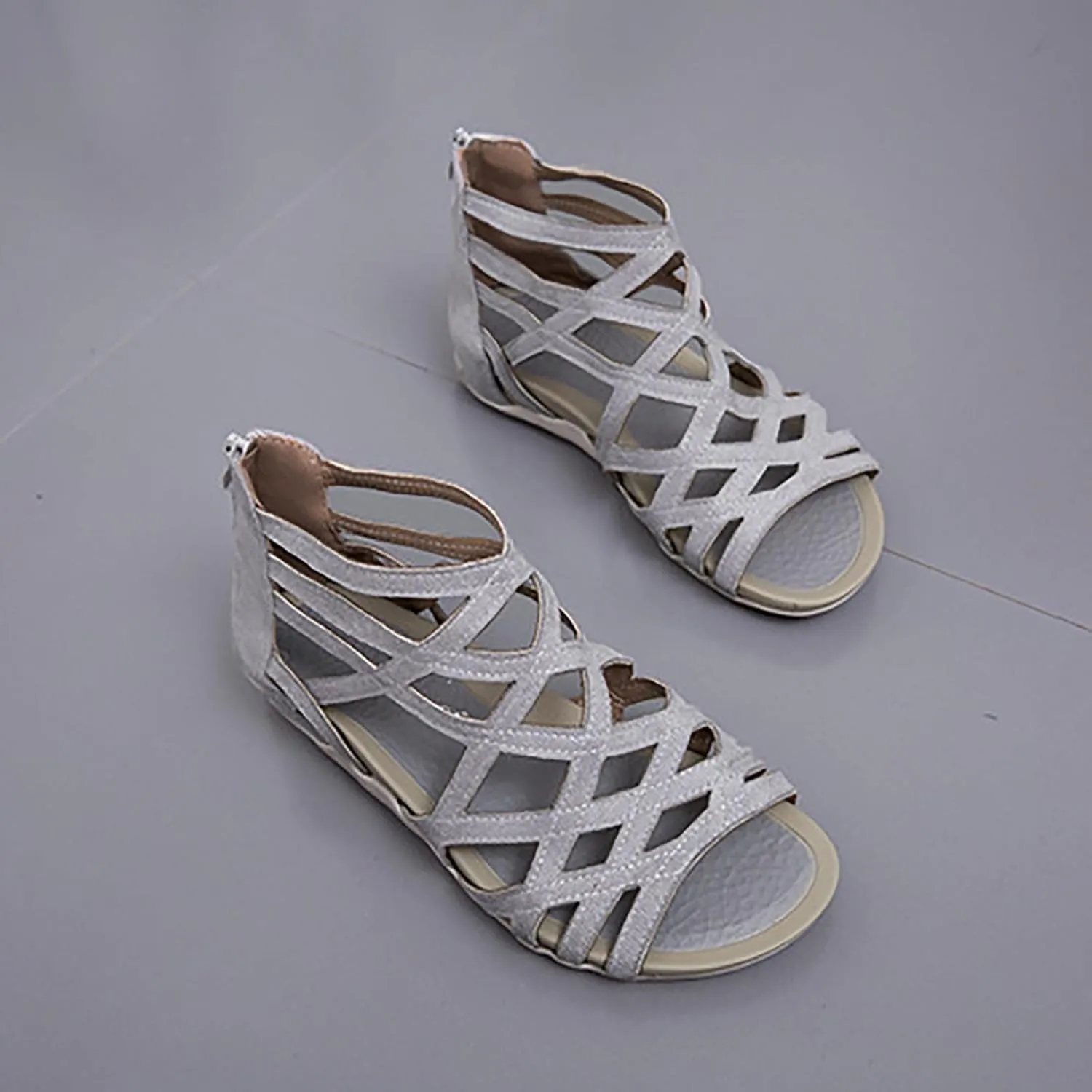 Women’s Vintage Suede Sandals Strappy Hollow Out Flats Summer Beach Sandal Shoes with Zip Back for Comfort Walking