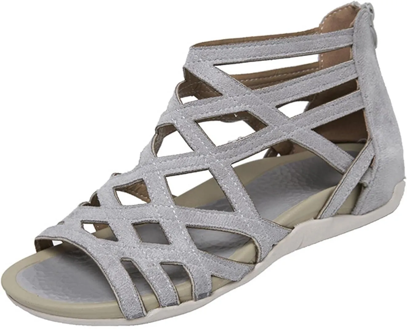 Women’s Vintage Suede Sandals Strappy Hollow Out Flats Summer Beach Sandal Shoes with Zip Back for Comfort Walking