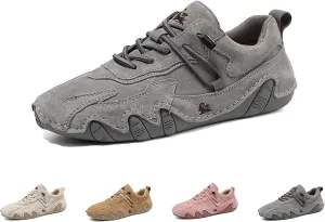 Women's Waterproof Suede Casual Walking Shoes for Hiking Camping & Driving All Season Fashion Retro Elastic Lace Up Hand Stitched Outdoor Sports Sneakers
