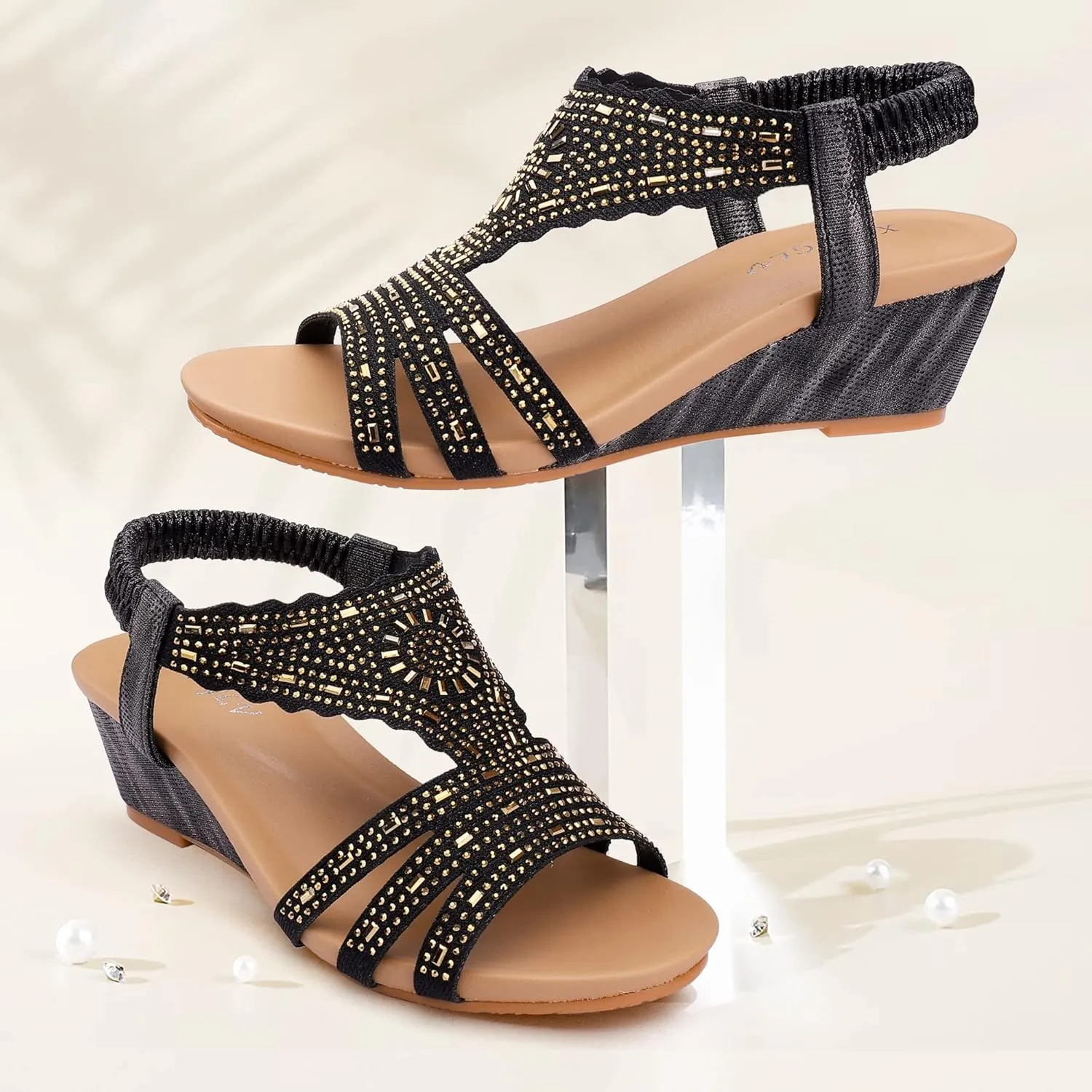 Womens Wedge Sandals Elastic Ankle Straps Open Toe Elegant Thick Soles Comfortable Dream Pairs