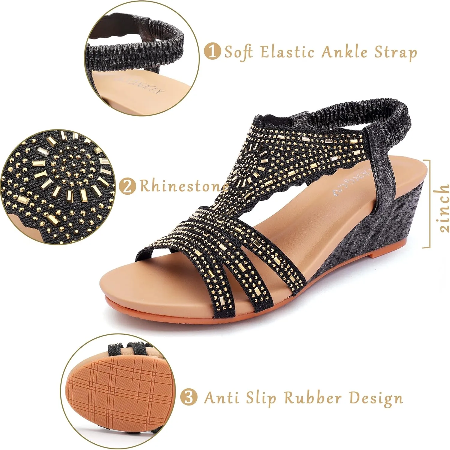 Womens Wedge Sandals Elastic Ankle Straps Open Toe Elegant Thick Soles Comfortable Dream Pairs