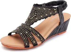 Womens Wedge Sandals Elastic Ankle Straps Open Toe Elegant Thick Soles Comfortable Dream Pairs