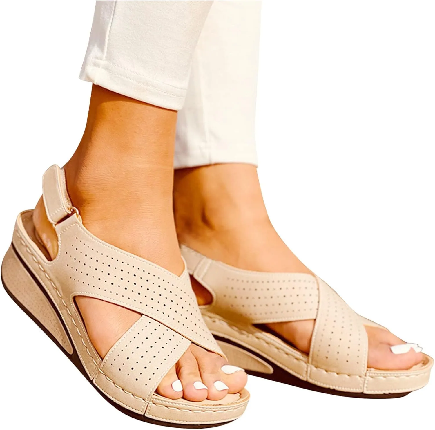 Women's Wedge Sandals with Perforated Cross Strap Summer Open Toe Comfortable Sandal Stylish Flat Shoes Non-Slip